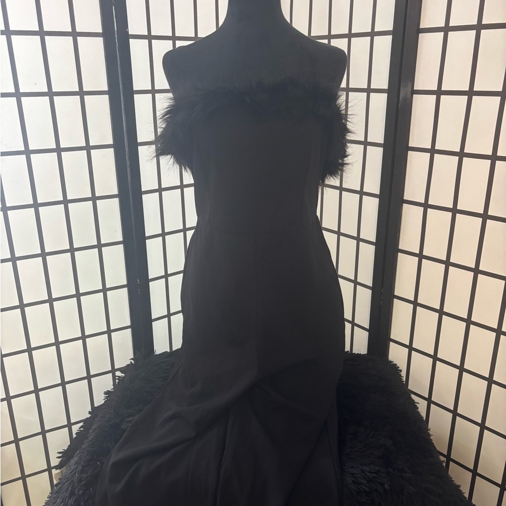 Strapless Black Feather Trim Evening Dress